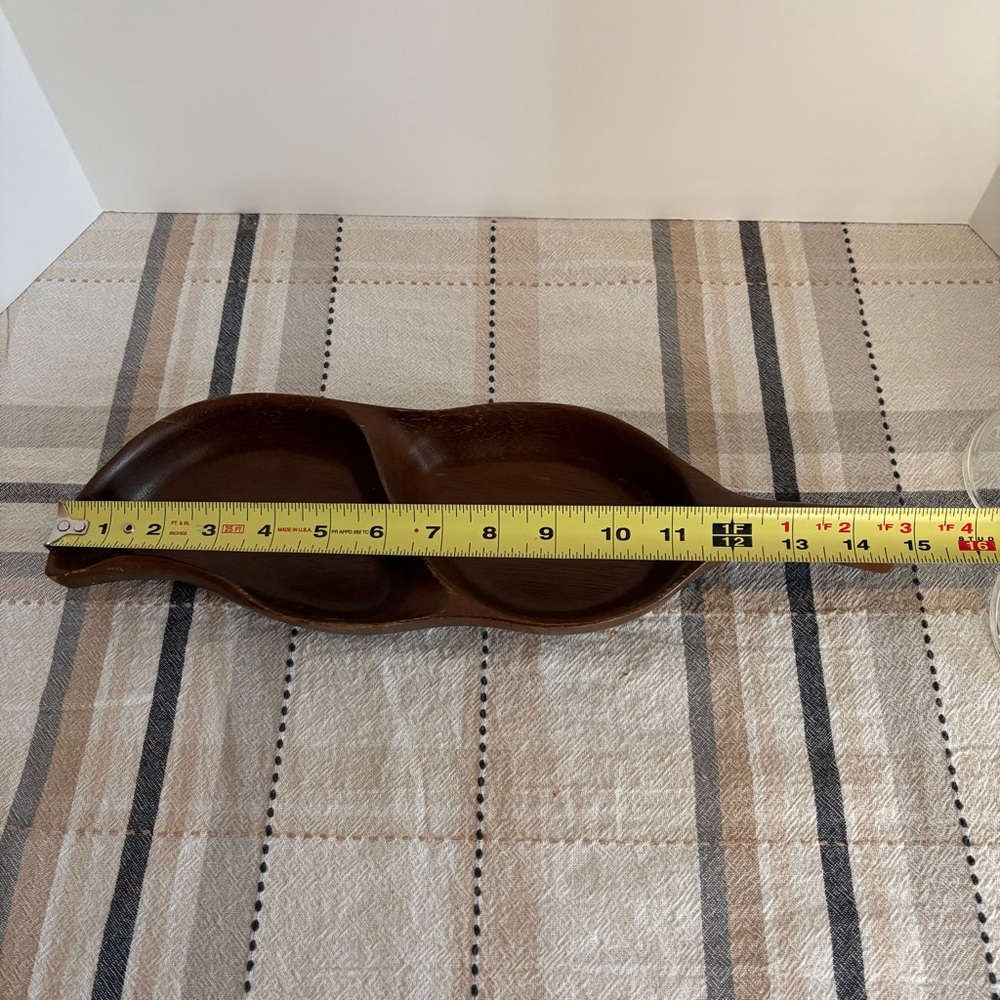 Mid Century Modern Teak Wood Divided Tray Quon Quon Handcrafted Pea Pod Leaf - Picture 8 of 10